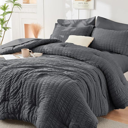 HYMOKEGE Twin XL Comforter Set Seersucker 5 Pieces, All Season Luxury Bed in a Bag for Bedroom, Bedding Set with Comforter, Sheet, Pillowcase & Sham, Dark Grey