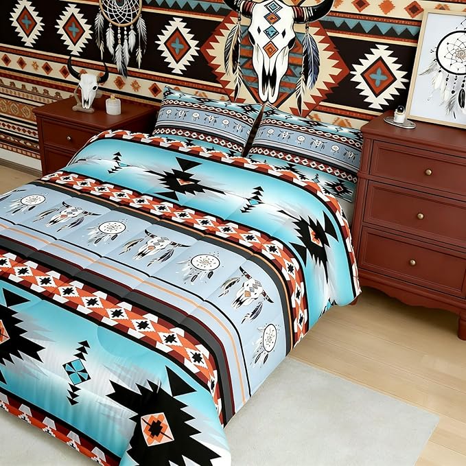 Erosebridal Western Bedding Set King,Southwestern Comforter Set Exotic Bull Skull Duvet Insert for Kids Child,Dream Catchers Aztec Bed Quilt Tribe Feather Western Animals Boho Decor Red Black