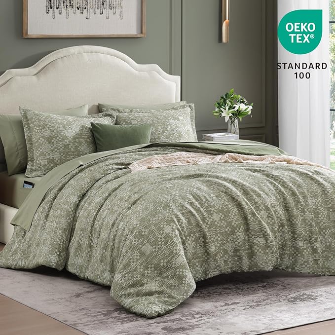 MaiRêve Queen Comforter Set Olive Green, Crinkle Textured Design Bedding Set 7 Pieces Bed in A Bag, All Season Farmhouse Comforter Set with Sheets, Pillowcases & Shams
