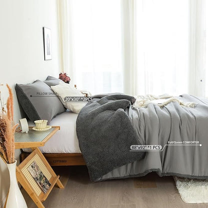 COTTEBED Warm Full Queen Comforter Set Reversible Sherpa Comforter and Pillow Shams, Soft Cozy Fluffy Washed Cotton Lightweight Bedding Down Comforter Queen Set Size for Bedroom Winter Christmas,Brown