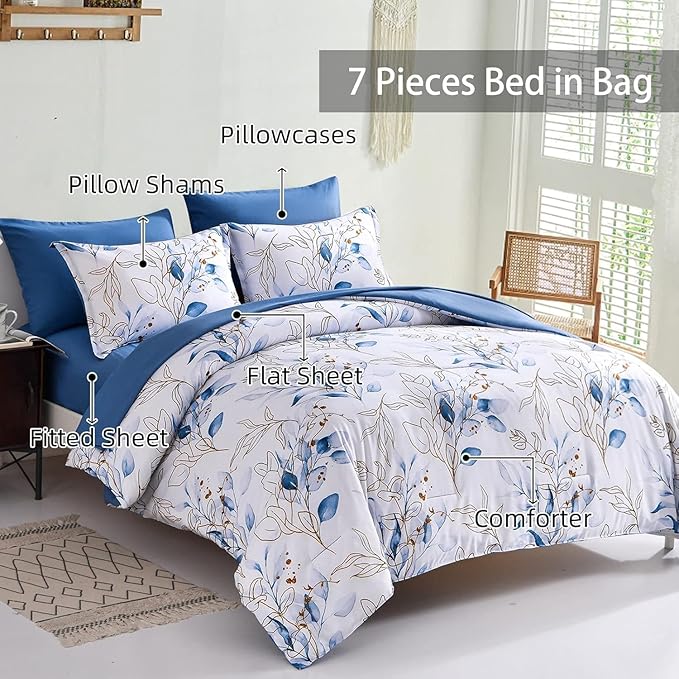 WONGS BEDDING Botanical Comforter Set Queen, 7 Pieces Floral Reversible Bed in a Bag Gold Blue Leaves Bedding Set Queen (1 Comforter,2 Pillowcase,2 Pillow Shams,1 Flat Sheet,1 Fitted Sheet)