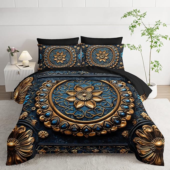 7 Piece Bed in A Bag Black and Gold Mandala Comforter Set Queen Size，Mandala Bedding Set Queen，(1 Comforter, 1 Flat Sheet, 1 Fitted Sheet, 2 Pillowcase and 2 Pillow Sham)