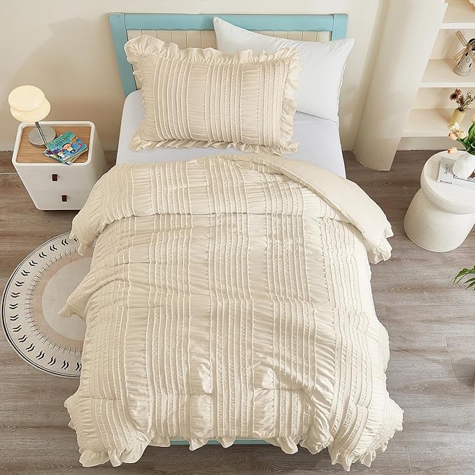 WONGS BEDDING Comforter Set Twin, 3 Pieces Ruffle for Dorm Room Essentials Comforter for Twin Bed, Beige Textured Bedding Set with 1 Ruffle Comforter, 2 Tufted Pillowcases 86"×68"