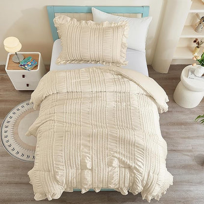 WONGS BEDDING Comforter Set Twin, 3 Pieces Ruffle for Dorm Room Essentials Comforter for Twin Bed, Beige Textured Bedding Set with 1 Ruffle Comforter, 2 Tufted Pillowcases 86"×68"