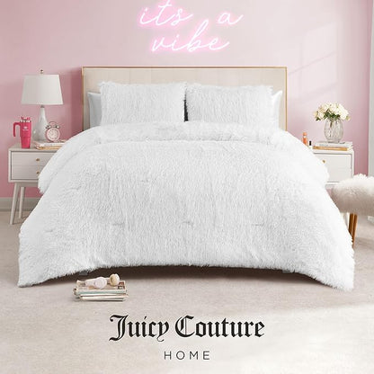 Juicy Couture Shaggy Faux Fur White King Comforter Set - Soft and Cozy 3-Piece Machine Washable Bedding Comforter and Sham Set