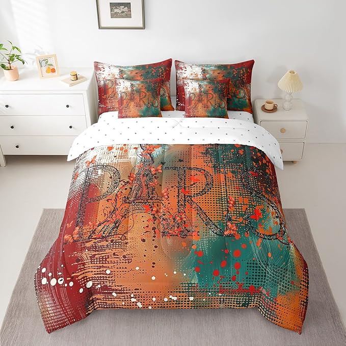 Erosebridal Romantic Paris Bed in a Bag 7 Pieces Valentine's Day Eiffel Tower Bedding Comforter Sets, Red Turqoise Graffiti King Bedding Set Hippie Tie Dye Comforter Set with Flat Sheet Fitted Sheet