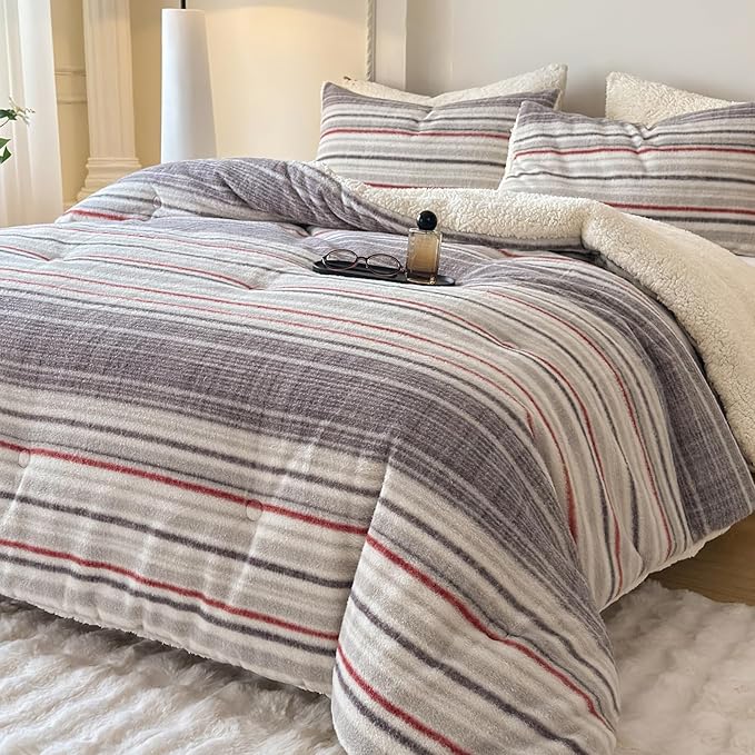 Cyusri Striped Sherpa Comforter Set 3Pcs Fluffy Warm Fleece Down Alternative, Grey Red Bedding Set with 2 Pillowcases, King Size 104"x90"