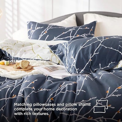 Bedsure Twin Comforter Set - 5 Pieces Floral Navy Blue Bed Set, Tree Branch Pattern Printed Bed in a Bag Twin with Comforter, Sheets, Pillowcase & Sham