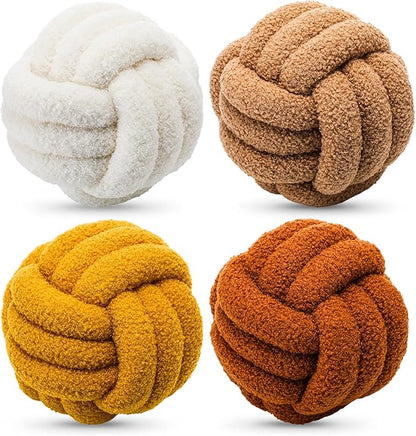 4 Pcs Knot Pillow Ball Soft Sherpa Throw Pillow 8.6'' Decorative Round Accent Pillows Aesthetic Decor Handmade Cushion for Home Couch Bed Sofa Chair(Warm)
