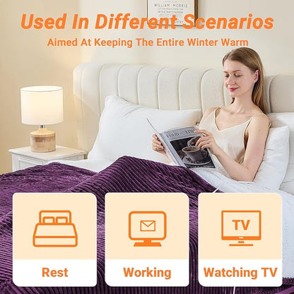 Heated Blanket Electric Queen, Soft Flannel Heating Blanket with 8 Hours Auto Off 10 Fast Heating Levels Machine Washable Sherpa Heated Blanket with Overheating Protection