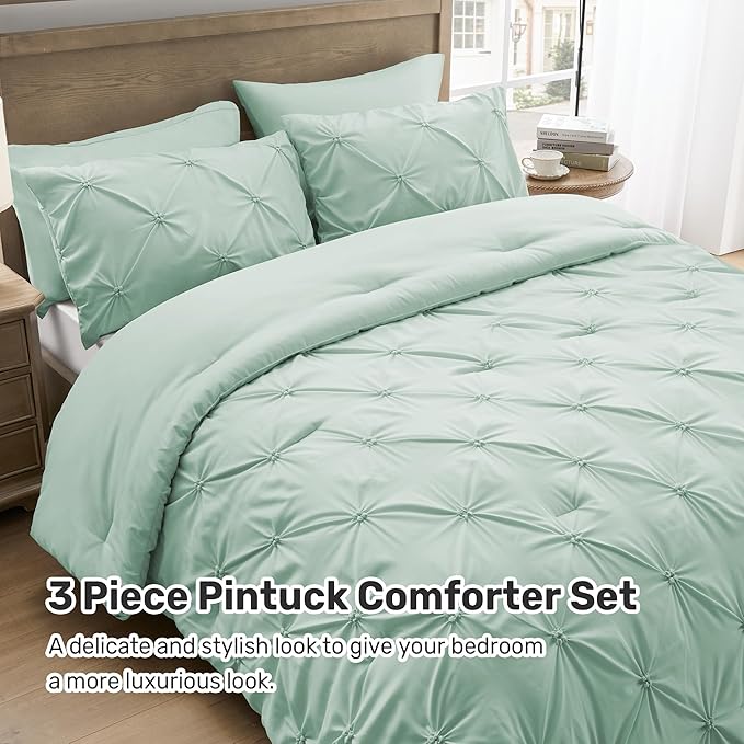 UNIKOME King Size Comforter Set Sage Green - Ultra Soft Boho Pintuck Down Alternative Bedding Set for All Seasons, 3 Pieces Lightweight Warm Pinch Pleat Bed Set with Comforter, 2 Pillowcases
