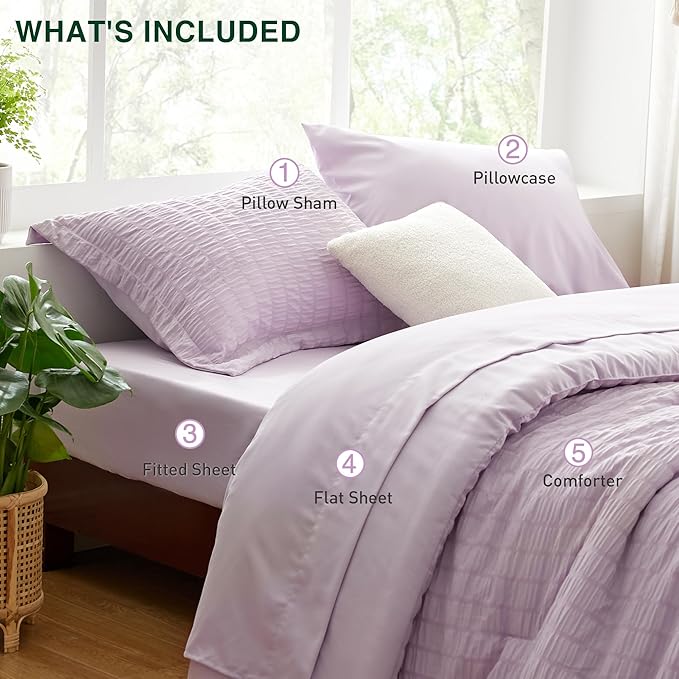 Love's cabin Seersucker Lavender Twin Comforter Set 5 Pieces, All Season Bedding Set, Twin Bed in a Bag Comforter Set with Comforter, Flat Sheet, Fitted Sheet, Pillowcase and Pillow Sham | Soft, Breathable, Lightweight
