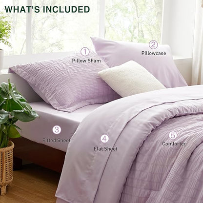 Love's cabin Seersucker Lavender Twin Comforter Set 5 Pieces, All Season Bedding Set, Twin Bed in a Bag Comforter Set with Comforter, Flat Sheet, Fitted Sheet, Pillowcase and Pillow Sham | Soft, Breathable, Lightweight