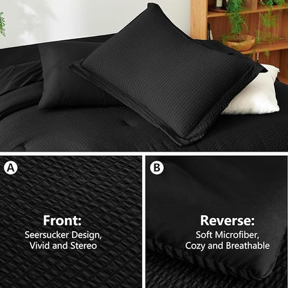 CozyLux Queen Comforter Set Black - 7 Pieces Striped Seersucker Bed in a Bag, Soft Lightweight Boho Bedding Set with All Season Comforters Queen Size, Sheets, Pillowcases & Shams