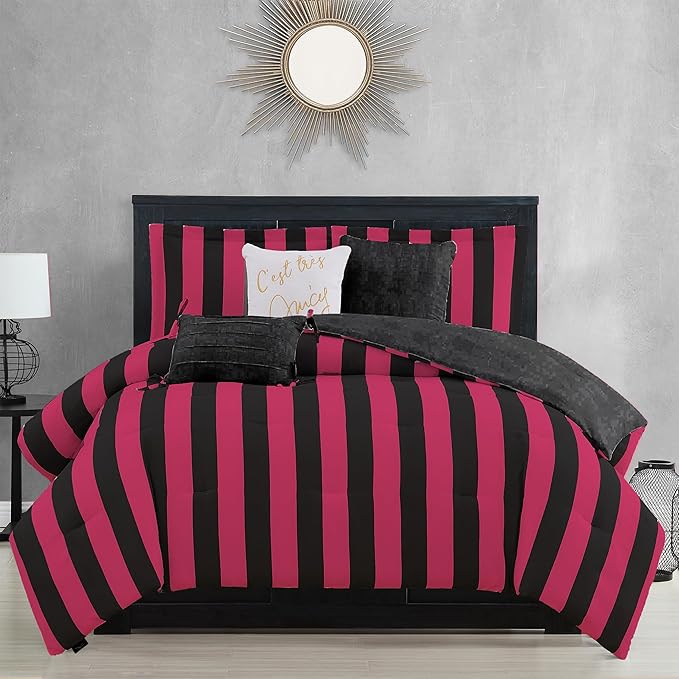 Juicy Couture Cabana Stripe Reversible Bedding Set - Twin/Twin XL Size - Black and Hot Pink Stripe Print - 5 Piece Set - Includes 1 66" x 90" Comforter, 3 Decorative Pillows, 1 Sham