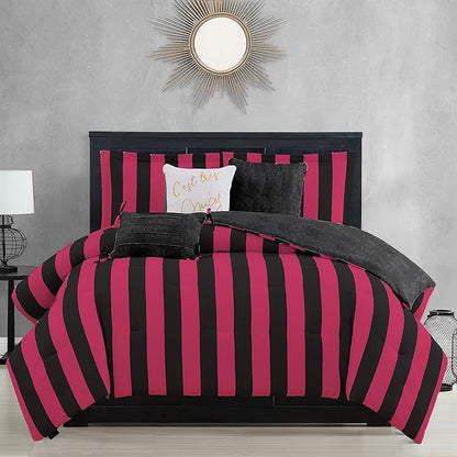 Juicy Couture Cabana Stripe Reversible Bedding Set - Twin/Twin XL Size - Black and Hot Pink Stripe Print - 5 Piece Set - Includes 1 66" x 90" Comforter, 3 Decorative Pillows, 1 Sham