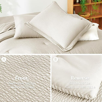 CozyLux Twin XL Comforter Set Beige - 5 Pieces Striped Seersucker Twin Extra Long Bed in a Bag for College Dorm, Soft Lightweight Boho Bedding Set with All Season Comforter, Sheets, Pillowcase & Sham