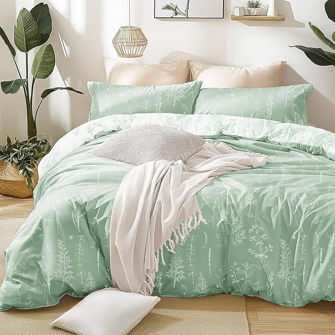 Love's cabin Comforter King Size Set - Sage Green King Comforter Set, 3 Pieces Cute Floral Bedding Sets for All Seasons,1 Soft Reversible Botanical Flowers Comforter and 2 Pillow Shams