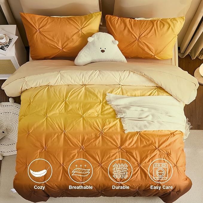 Dinjoy Ombre Comforter Set Full Size, 7-Piece Bed in a Bag for Kid Teen, Pintuck Colorful Rainbow Bedding Sets with Comforter, Flat Sheet, Fitted Sheet and Pillowcases & Shams, Orange