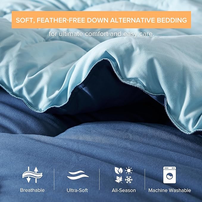 Comfort Spaces King Comforter Set Vibrant Reversible Comforters King Size Quilted Bedding Set, All Season Lightweight Bedding, Soft Microfiber Comforter, Vixie, Navy/Light Blue King 3 Piece