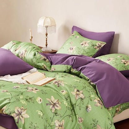 Wake In Cloud - Floral Comforter Set, Cottagecore Cottage Rustic Farmhouse Style with Botanical Flowers and Leaves Pattern, Soft Lightweight Bedding, 3-Piece, Green Purple, Full Size
