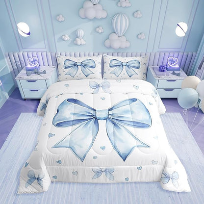 Erosebridal Cute Blue Bowknot Bedding Set Toddler for Kids Girls Teen Women,Kawaii Dreamy Bow Comforter Set Princess Style Blue White Heart Decor Bedding Comforter Sets Soft Breathable Quilt Duvet