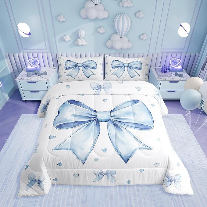 Erosebridal Cute Blue Bowknot Bedding Set Twin for Kids Girls Teen Women,Kawaii Dreamy Bow Comforter Set Princess Style Blue White Heart Decor Bedding Comforter Sets Soft Breathable Quilt Duvet