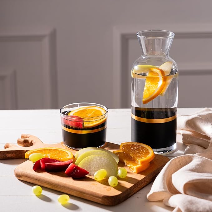 GARIZZE Bedside Water Carafe and Glass Set for Bedroom, Bedside Carafe and Glass Set, Mouthwash Decanter for Bathroom, Water Carafe with Glass Cup for Nightstand (24-oz/7-oz) (BLACK GOLD)Standard Pack