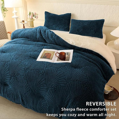 Seashell Jacquard Sherpa Comforter Set Warm Cozy Premium Bedding 3 Pieces, King Size Geometric Pattern Quilt Comforter with 2 Pillowcases(104"X90" Dark Blue)