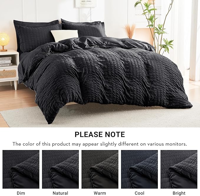HYMOKEGE Black Oversized Queen Comforter Set Seersucker 7 Pieces, All Season Luxury Bed in a Bag for Bedroom, Bedding Set with Comforter, Sheets, Pillowcases & Shams
