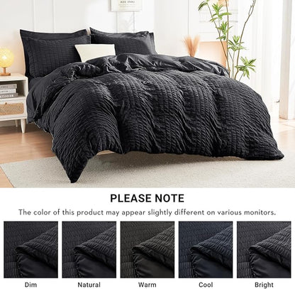 HYMOKEGE Black Oversized Queen Comforter Set Seersucker 7 Pieces, All Season Luxury Bed in a Bag for Bedroom, Bedding Set with Comforter, Sheets, Pillowcases & Shams