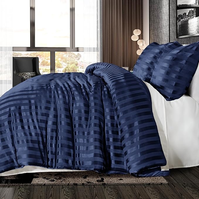 Whale Flotilla 2-Piece Reversible Silky Soft Twin Size Comforter Set, Luxury Stripe Satin Comforter Bedding Set with Satin Pillowcase, Lightweight Duvet for All Seasons, Navy