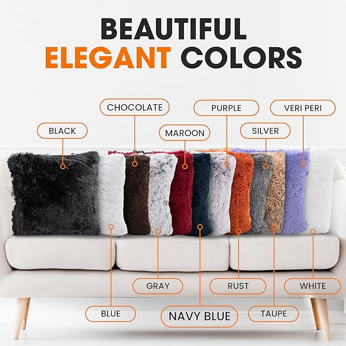Cheer Collection Throw Pillows for Couch and Bed, Soft Shaggy Throw Pillows with Inserts Included, Cozy Long Hair Faux Fur Pillows - Set of 2-18" x 18" - Navy Blue