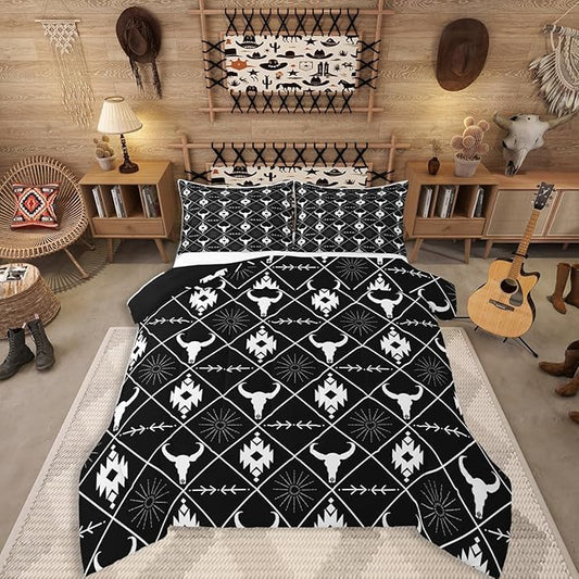 Erosebridal Bull Skull Bedding Set for Boys, Ethnic Western Horns Comforter Set Twin Size Tribal Aztec Boho Southwestern Quilt Farmhouse Animal Vintage Duvet Insert, 1 Pillow Case, Black White