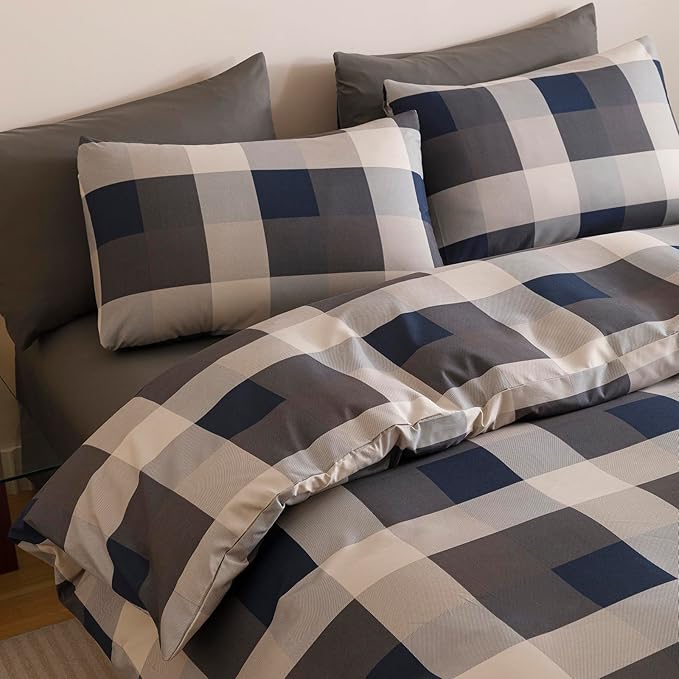 CLOTHKNOW Blue Plaid Twin Comforter Set Gingham Buffalo Bedding Comforter Sets Beige Geometric Comforter Twin Sets