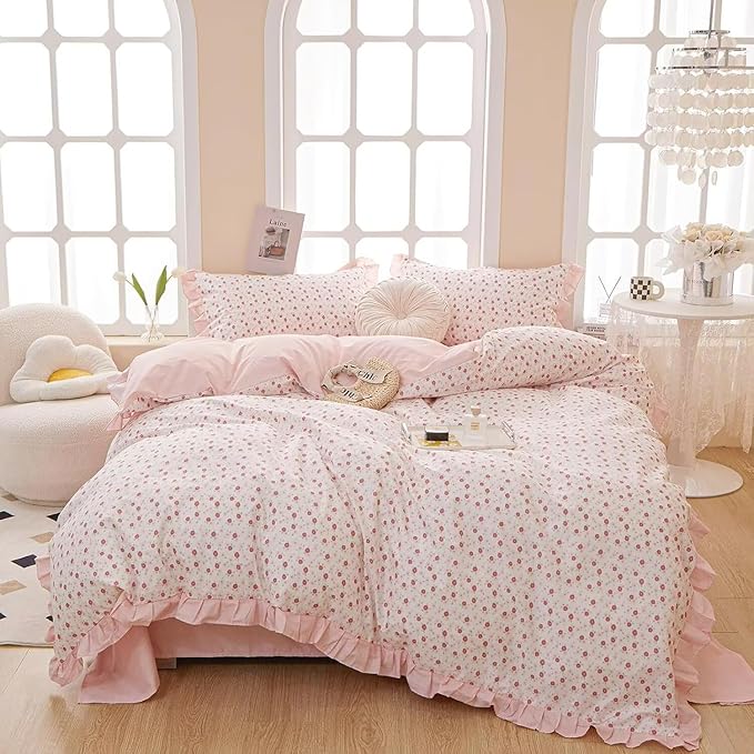 MKXI King Size Pink Floral Ruffle Comforter Set - 3 Piece Pastoral Ruffled Floral Comforter with Pillow Shams, Reversible Pink Flower & Striped Design, Soft Aesthetic Bedding Set for Teen Girls