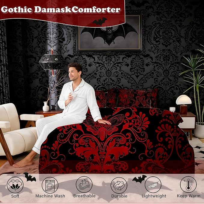 Erosebridal Gothic Damask Bed in a Bag King Size Comforter Set 7 Pieces,Exotic Moth Bedding Sets Red Black Victorian Floral Goth Sheet Set with Comforter