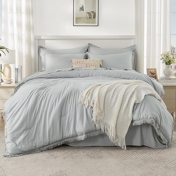 Andency Light Grey King Size Comforter Set with Sheets - 7 Pieces Boho Tassel Bed in a Bag Soft Lightweight Bedding Sets, Light Grey Fringe Bed Set with Comforter, Sheets, Pillowcases & Shams