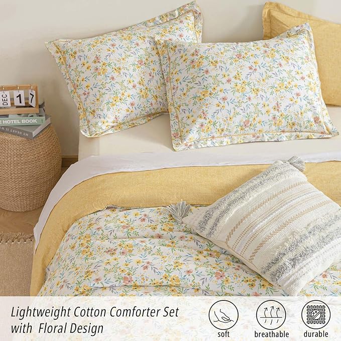 Natural Cotton 2pcs Floral Comforter Sets Twin Size-Yellow Comforter with Pink & Yellow Flowers and Blue & Green Leaves on White, Reversible Lightweight Bedding Sets(Twin 68"×90")