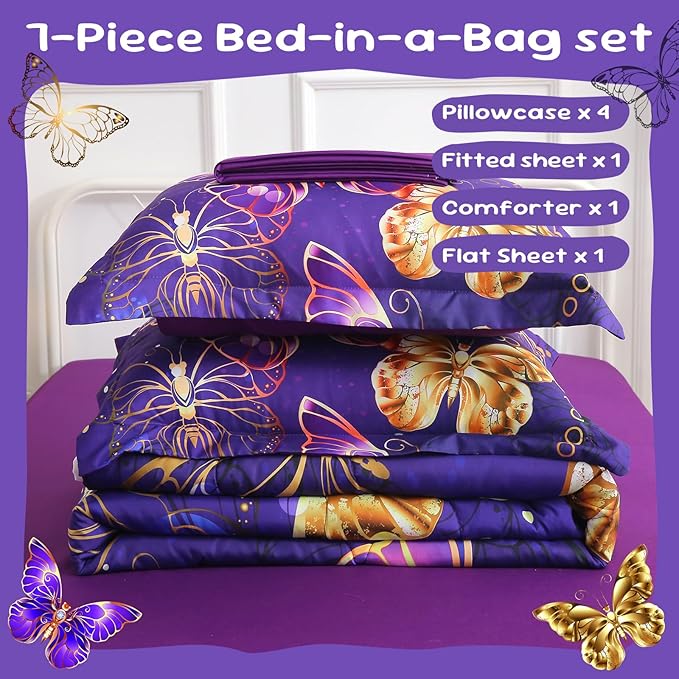 7 Piece Butterflies Comforter Set Twin Size 3D Gold Violet Butterflies Bedding Set for Kids Girls Women for Birthday Christmas Gift