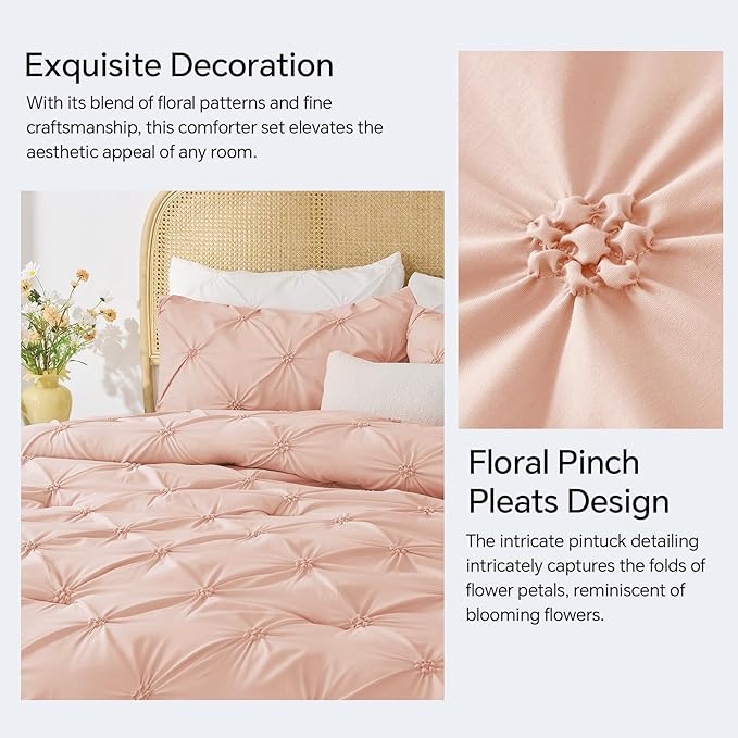 BEDELITE Dusty Pink Queen Comforter Set - 3 Pieces Boho Pintuck Bedding Comforter Sets, Lightweight Soft & Warm Bed Comforter Queen with 2 Pillowcases for All Season