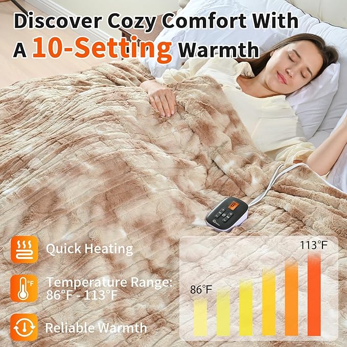 Heated Electric Blankets - Soft Flannel Heating Throw Heating Electric Blanket Full Size 77" × 84" Champagne - Faux Fur & Sherpa