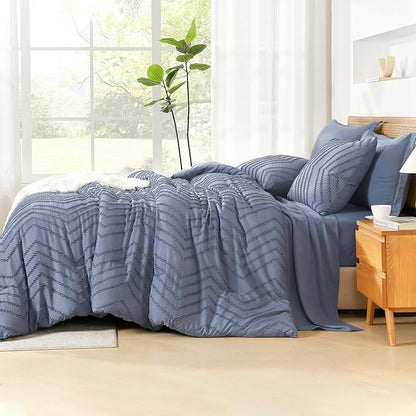 Litanika Queen Size Comforter Set with Sheets Bluish Grey - 7 Pieces Bed in a Bag Queen Chevron Tufted Complete Bedding Sets with Comforter, Sheets, Pillowcases & Shams