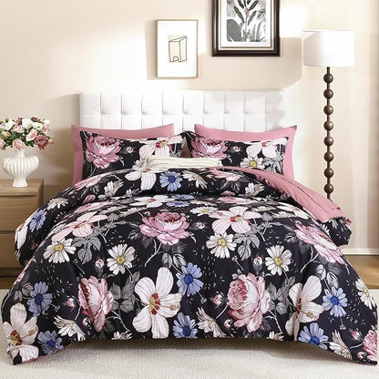 Luxudecor King Comforter Set 7 Pieces Bedding Sets,Black Pink Floral Comforter and Sheet Set,Soft Microfiber Bed in a Bag for All Seasons (Black Pink,104"x90")