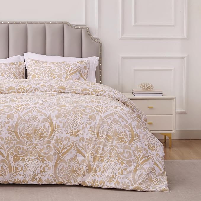 Sophia & William Bronze Damask Queen Size Comforter Set, 3 Pcs Cotton Comforter Set with Printed Comforter & 2 Pillowcases, All Season Lightweight Bedding Set