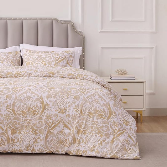 Sophia & William Bronze Damask Queen Size Comforter Set, 3 Pcs Cotton Comforter Set with Printed Comforter & 2 Pillowcases, All Season Lightweight Bedding Set