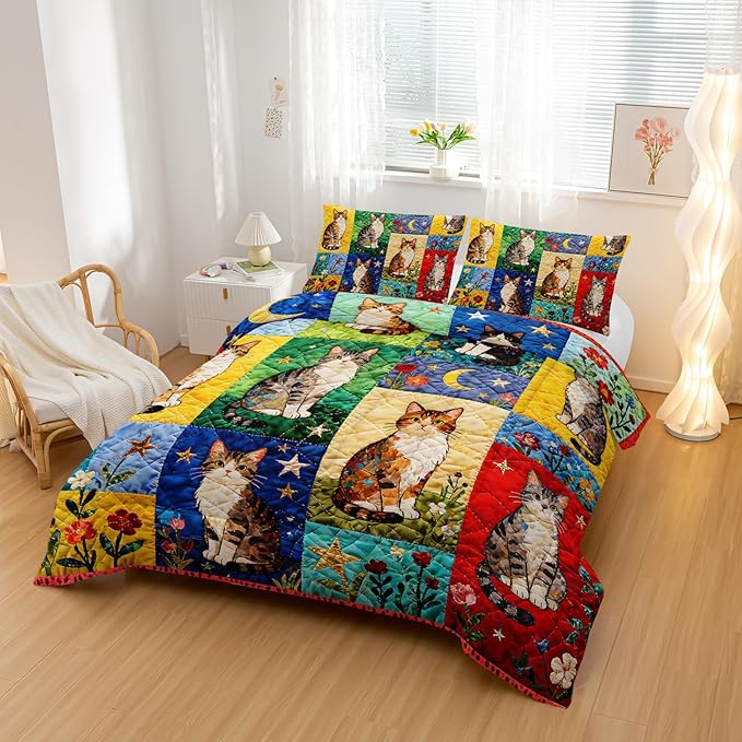 Cartoon Cat Comforter Set King Size 3PCS,Cat Puzzle Bedding Set for Teen Adult,Floral Cat Animal Themed Room Decor Ultra-Soft Lightweight Microfiber with 2 Pillowcases