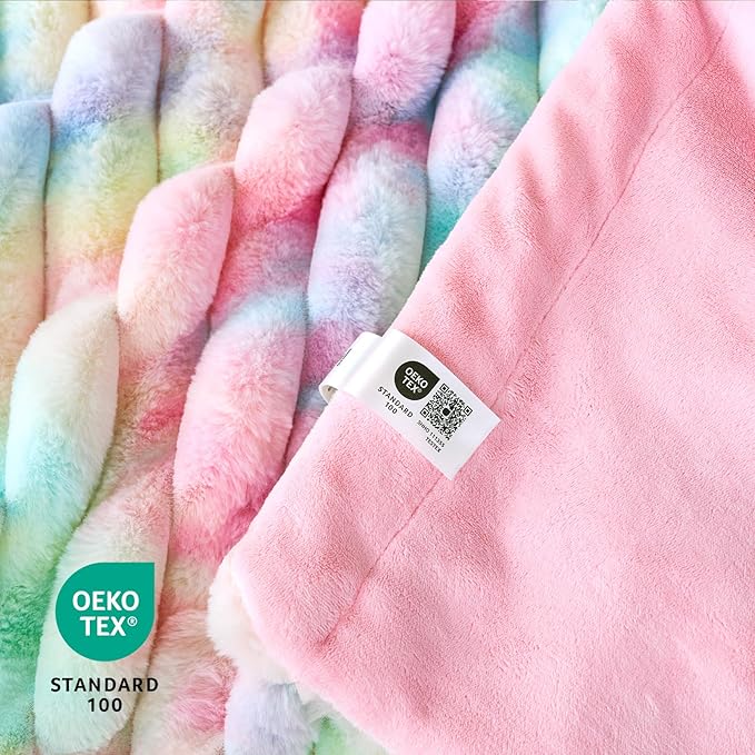 Cozy Bliss Faux Fur Throw Blanket for Couch, Cozy Warm Plush Striped Blanket for Sofa Bedroom Living Room, 108 * 90 Inches Tie-dye Rainbow