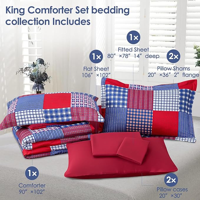 Comforter Set King Size Plaid Patchwork Comforter Bedding-7 Piece Bed in a Bag,Soft Reversible Microfiber Bedding Set(1 Comforter,1 Flat Sheet,1 Fitted Sheet,2 Pillowcases,2 Pillow Shams)Red Blue