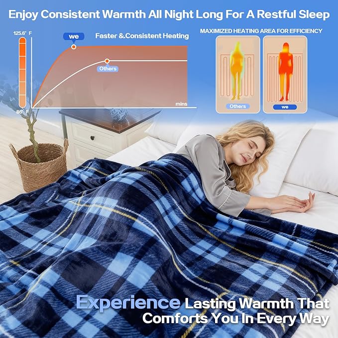 Electric Blanket Heated Queen, Soft Flannel 90"x84" Plaid Heating Blanket with 8 Hours Auto Off 10 Fast Heating Levels Machine Washable Sherpa Heated Blanket with Overheating Protection
